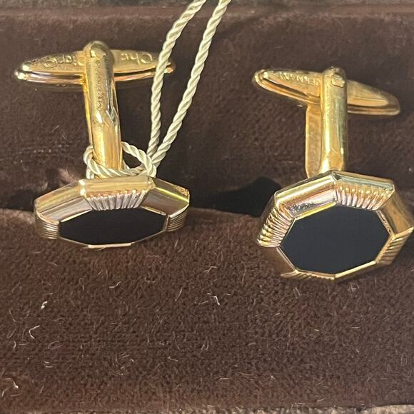 Christian Dior Gold Plated Octagonal Cufflink Black accent original box and tags - Picture 7 of 9